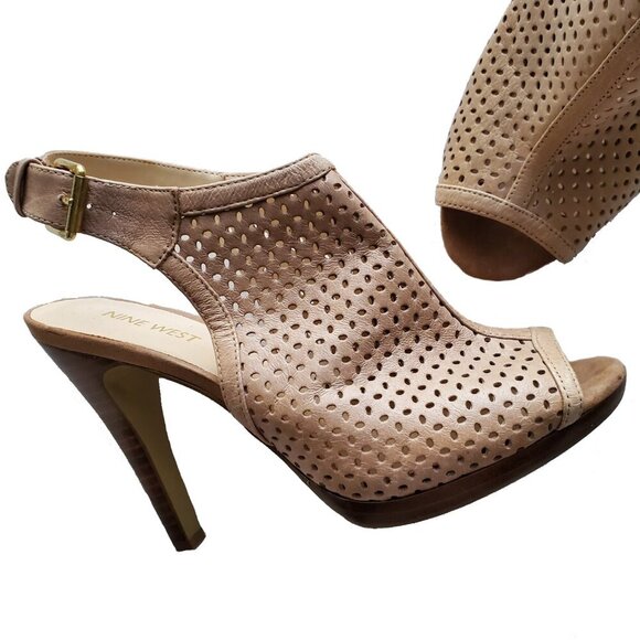 NINE WEST Perforated Leather Stacked Heel Peep Toe High Vamp Buckle Back Sandals - Picture 6 of 15